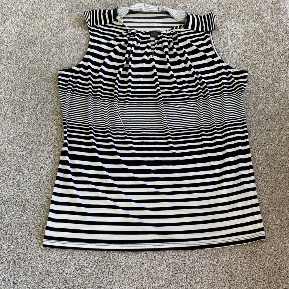 Worthington Blouse Womens XL Black White Stripe Sleeveless Pleated Neck Top